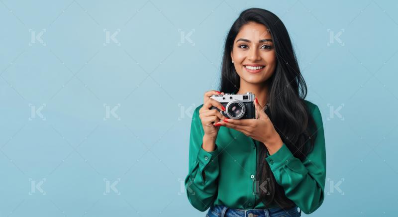 Beautiful Indian Woman Smiling with Vintage Camera
