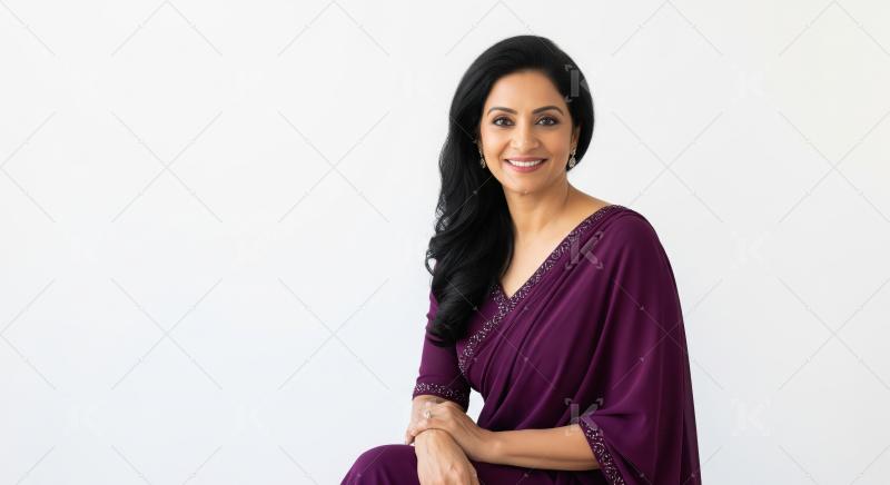 Confident Indian woman in purple sari smiling at camera