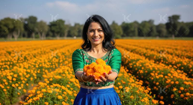 Beautiful Indian Woman Smiling Amidst Vibrant Marigold Flower Fi
