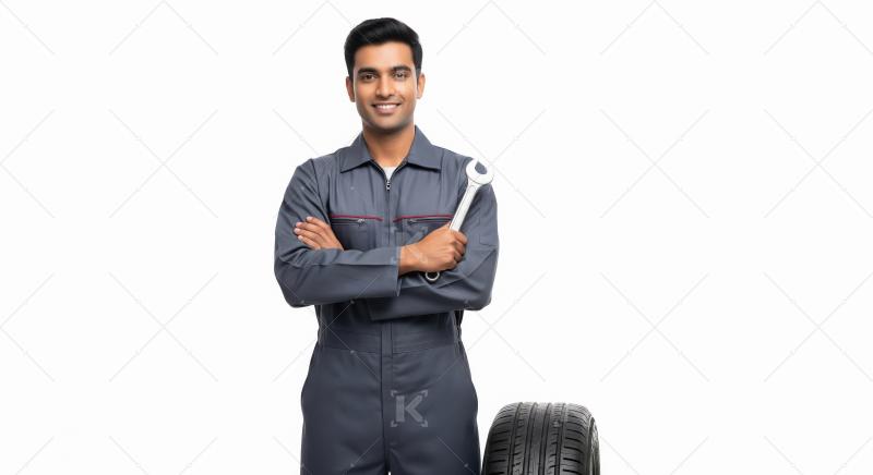 Young Indian Mechanic Smiling with Wrench and Car Tire
