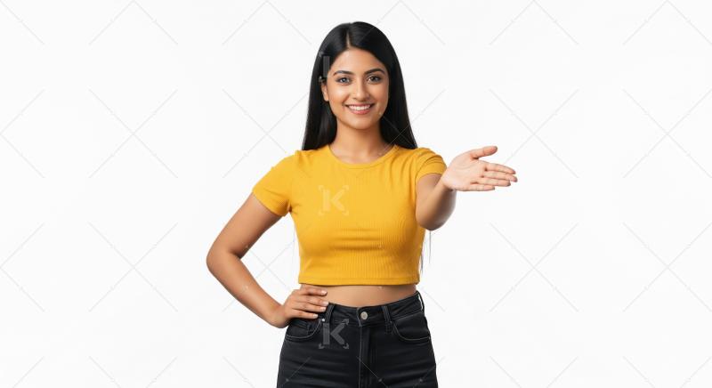 Smiling Indian Woman Presenting Hand Gesture for Your Content