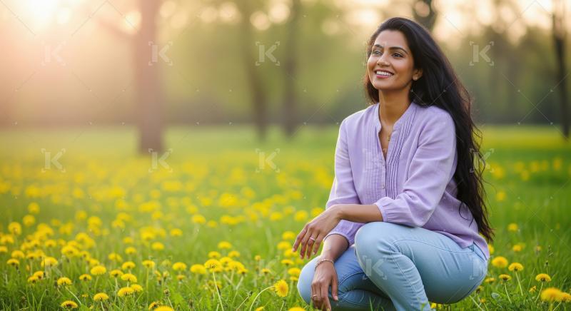 Happy Woman Smiling in Vibrant Dandelion Field on Sunny Day