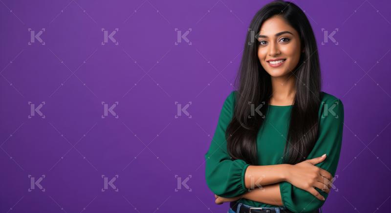 Confident Indian Woman Smiling, Crossed Arms, Purple Background