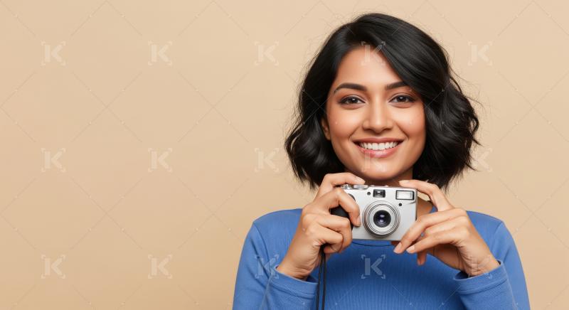 Happy Woman Holds Camera Smiling Joyfully