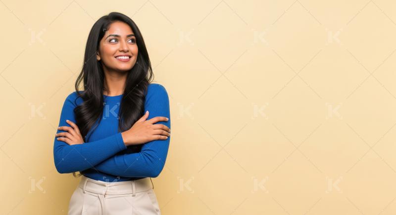 Happy Young Indian Woman Smiling and Looking Up Thoughtfully