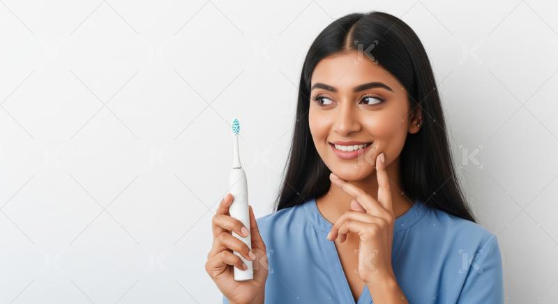 Smiling Indian Woman Holding Electric Toothbrush, Pondering Dent