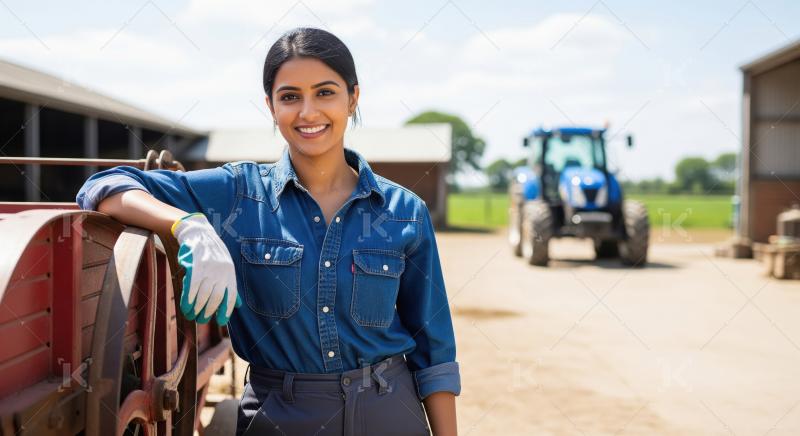 Smiling Indian Woman Farmer with Tractor on Rural Farm