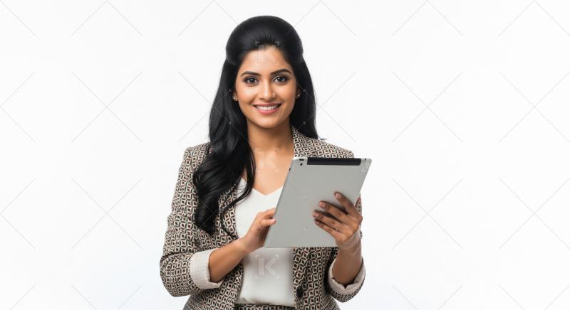 Smiling Indian Businesswoman Using Tablet on White Background