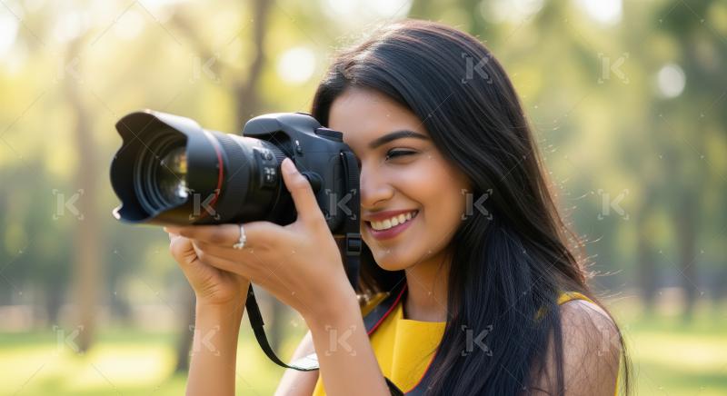 Smiling Indian woman captures moments with her professional DSLR