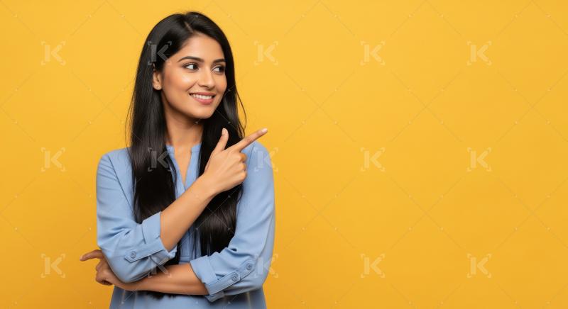 Smiling Indian Woman Pointing Right at Yellow Copy Space