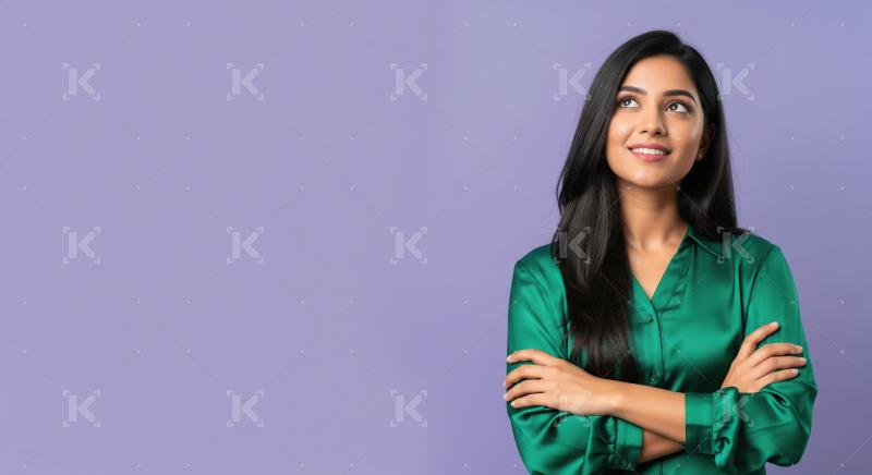 Smiling Young Ethnic Woman Looking Up With Arms Crossed