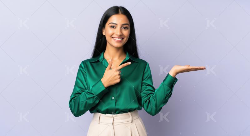 Smiling Indian Woman Pointing and Presenting on Purple Backgroun