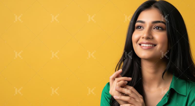 Young Indian Woman Smiling and Looking Upward on Yellow Backgrou