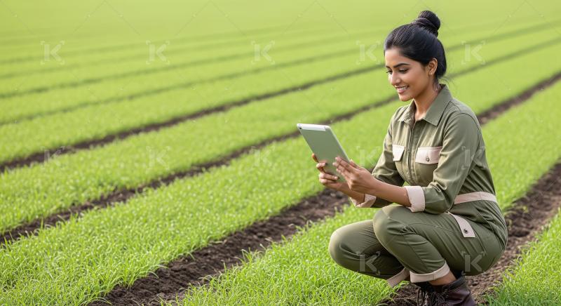 Smart farming: Woman monitors crops with tablet in green field