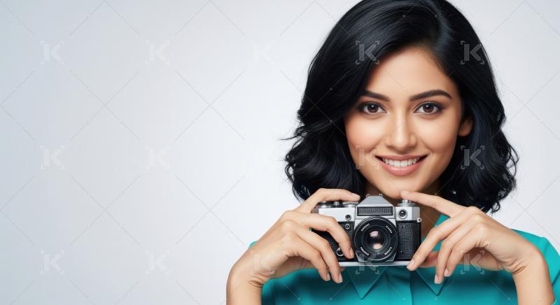 Beautiful Woman Smiling Holding Vintage Film Camera