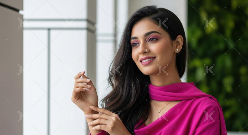 Elegant Indian Woman with Pink Makeup and Graceful Pose