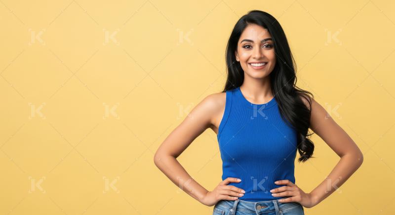 Happy Young Indian Woman Smiling Confidently on Yellow Backgroun