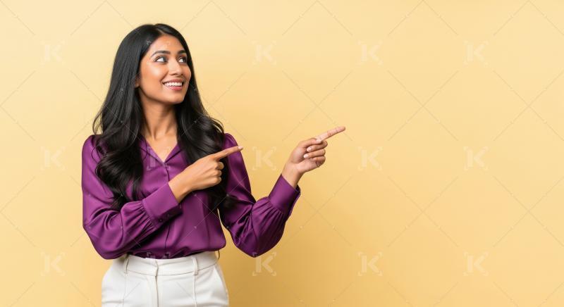 Beautiful Indian Woman Happily Pointing Up To Empty Space