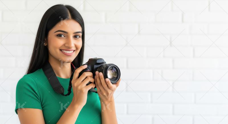 Smiling Young Indian Woman Photographer Holding DSLR Camera