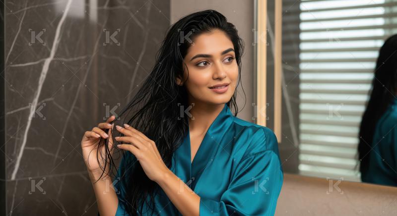 Beautiful Woman Gently Touches Her Wet Hair in Bathroom