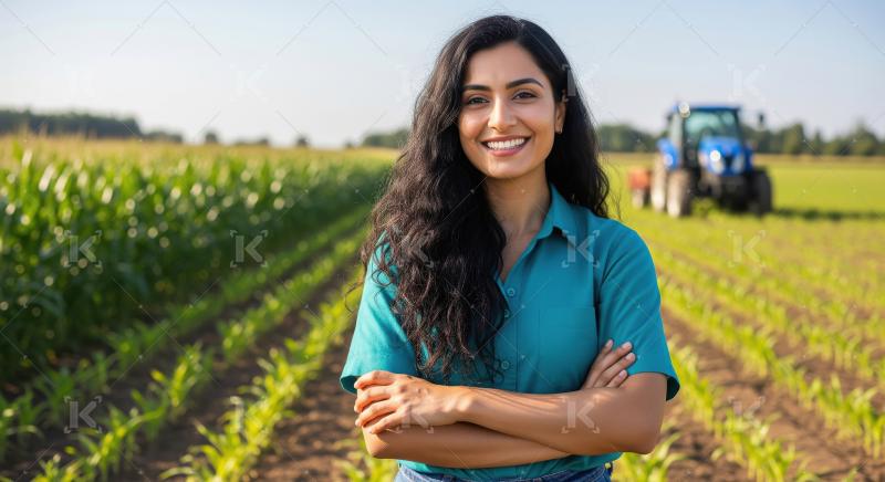 Confident Woman Farmer Smiling in Cornfield with Tractor