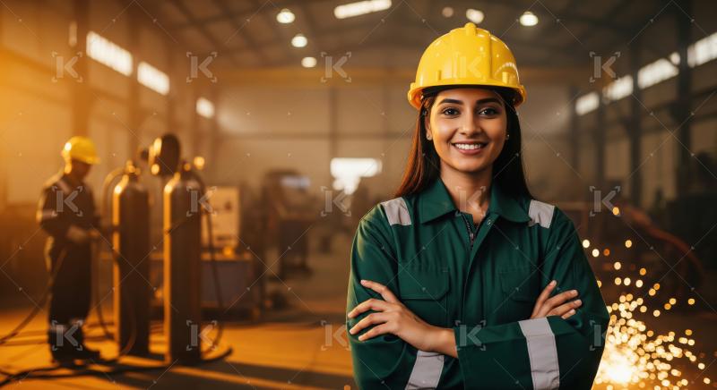 Smiling Female Engineer in Modern Industrial Factory Setting