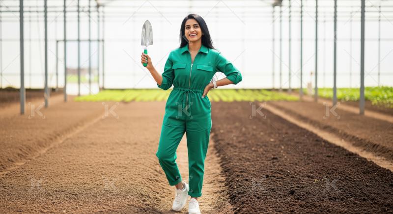 Smiling Woman Gardener in Modern Greenhouse Holding Trowel