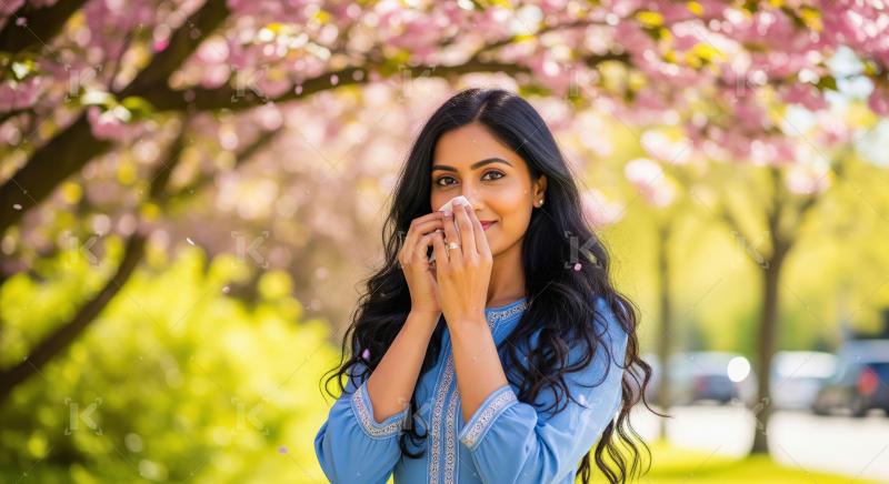 Young Indian Woman with Tissue Amidst Spring Cherry Blossoms