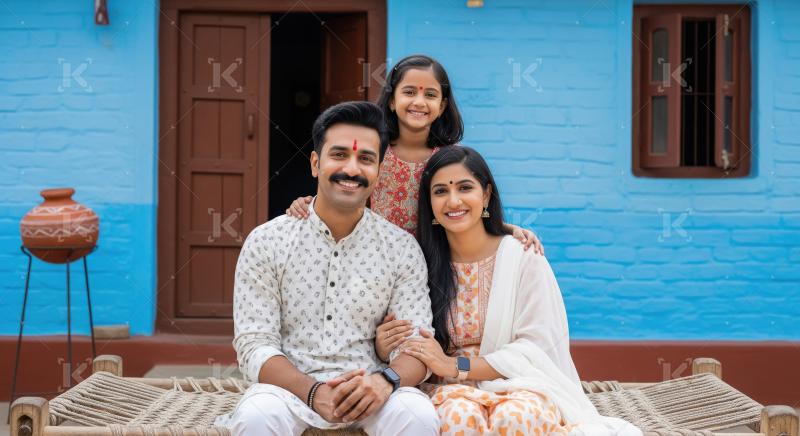 Happy Indian Family Smiling Outdoors in Traditional Home Setting
