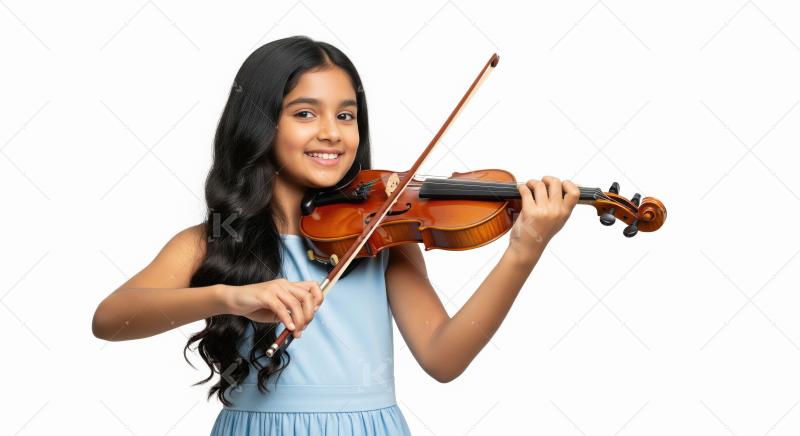 Happy Young Indian Girl Smiling and Playing Violin