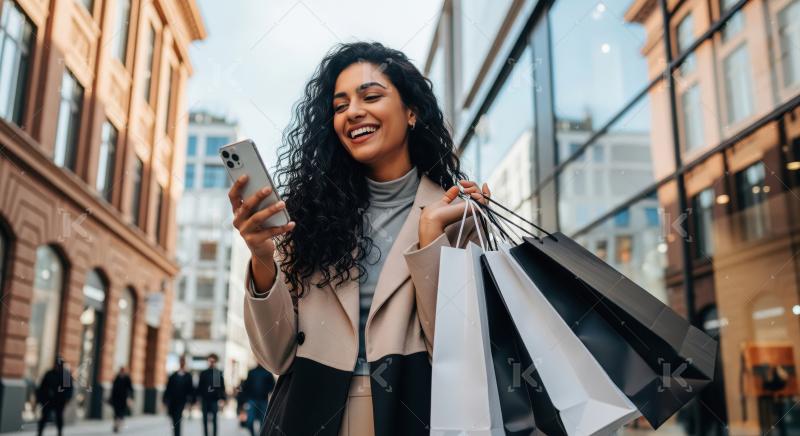 Happy Woman Shopping and Texting on Smartphone in City