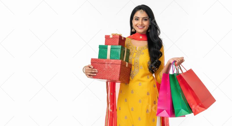 Smiling Indian Woman Holding Festive Gifts and Shopping Bags