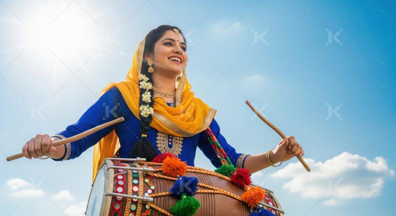 A joyful Indian woman in traditional attire energetically plays