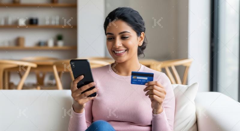 A cheerful Indian woman sits comfortably on a sofa, holding her