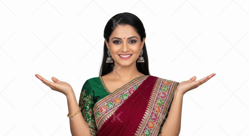 Indian woman in a traditional maroon and green saree poses grace