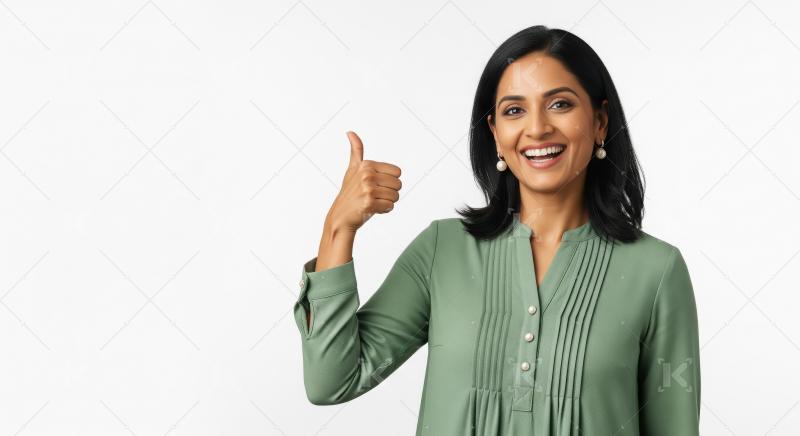 A confident Indian woman in a green kurta gives a thumbs-up gest
