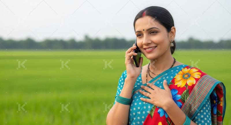 A graceful Indian woman in a blue floral saree stands in a lush