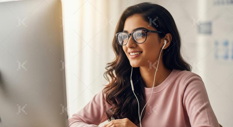 A young Indian woman focuses on her computer while listening wit