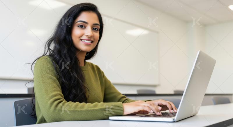A young Indian woman with long wavy hair works attentively on he