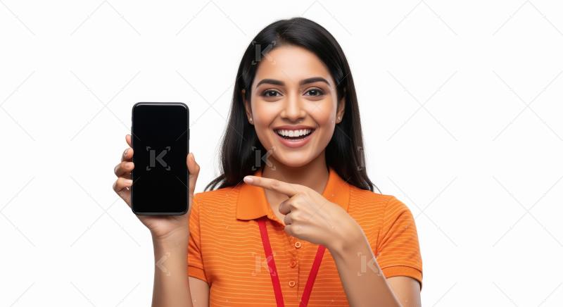 A young Indian woman in an orange shirt points enthusiastically