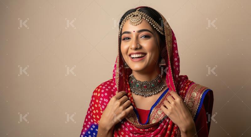 A young Indian woman dressed in ornate traditional attire with i
