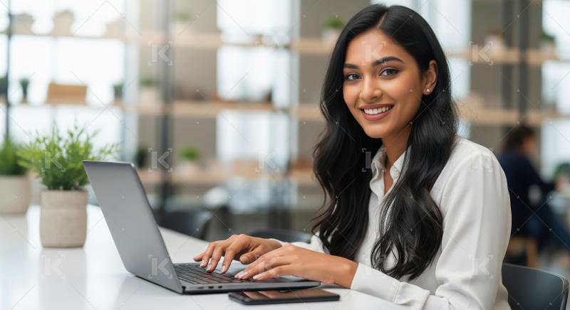 A young Indian woman in a white blouse works confidently on her