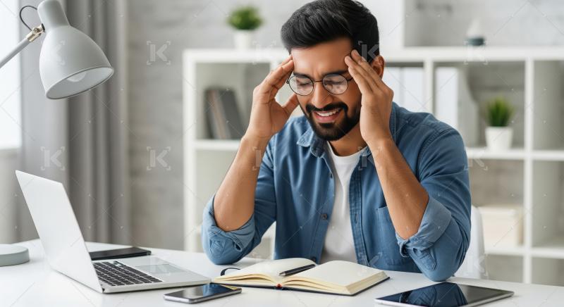 A young, exhausted man sits at his desk surrounded by a laptop,