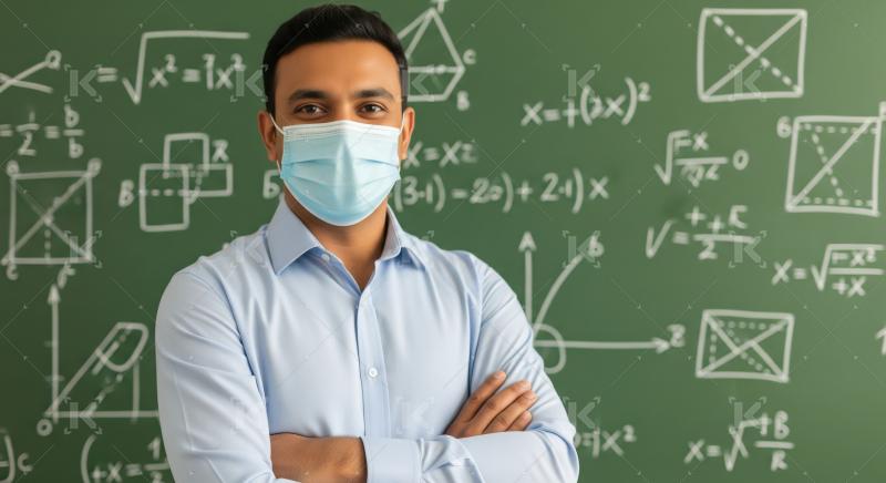 An Indian male teacher stands confidently with folded arms in fr