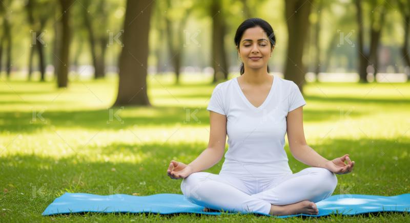 Indian woman in white sits in a lotus yoga pose during meditatio
