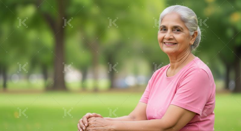 An elderly Indian woman with silver hair smiles warmly while enj