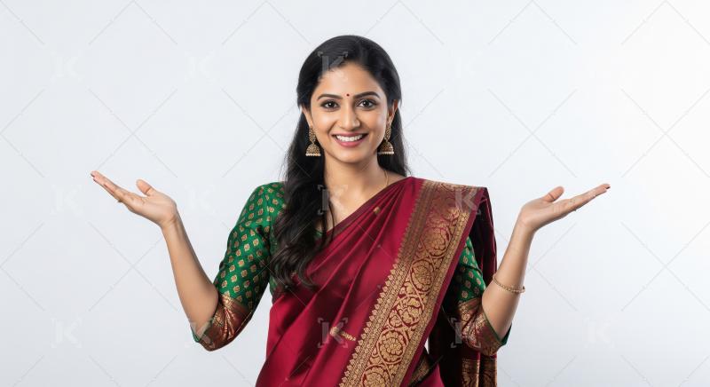 An Indian woman in saree stands gracefully with open hands, embo