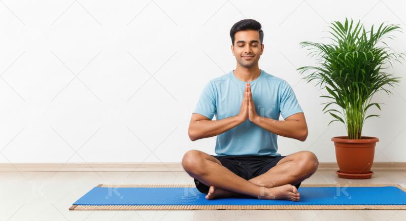 Indian man meditates peacefully in a lotus pose on a blue mat