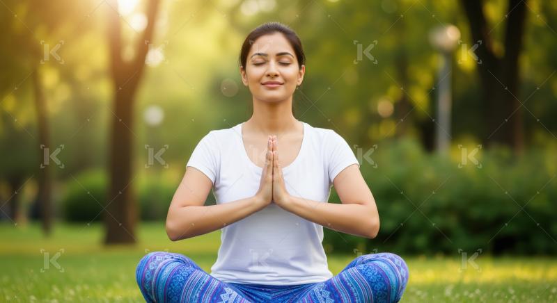 Indian woman in white sits in a lotus yoga pose during meditatio