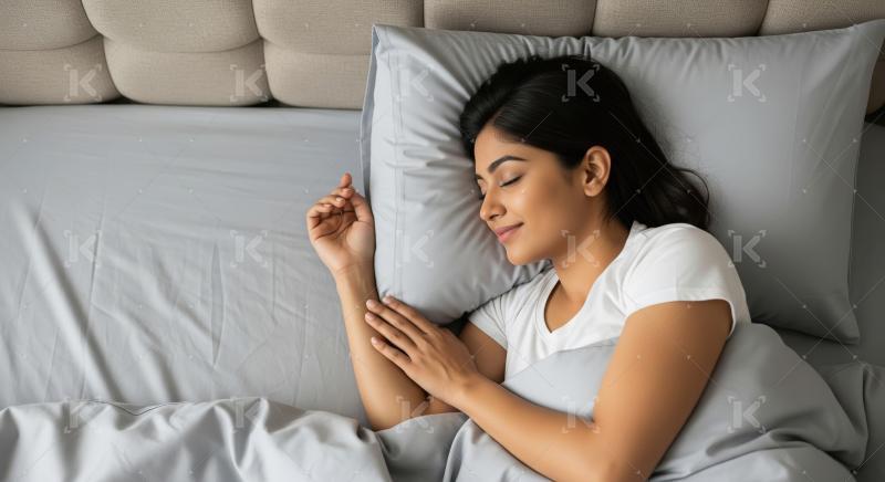 A young woman sleeps peacefully on a bed, wrapped in soft grey b